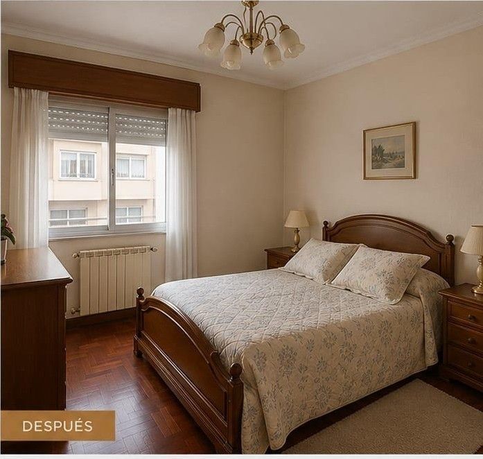 Acogedor dormitorio con cama de madera, ventana, cómoda y cálidas paredes beige