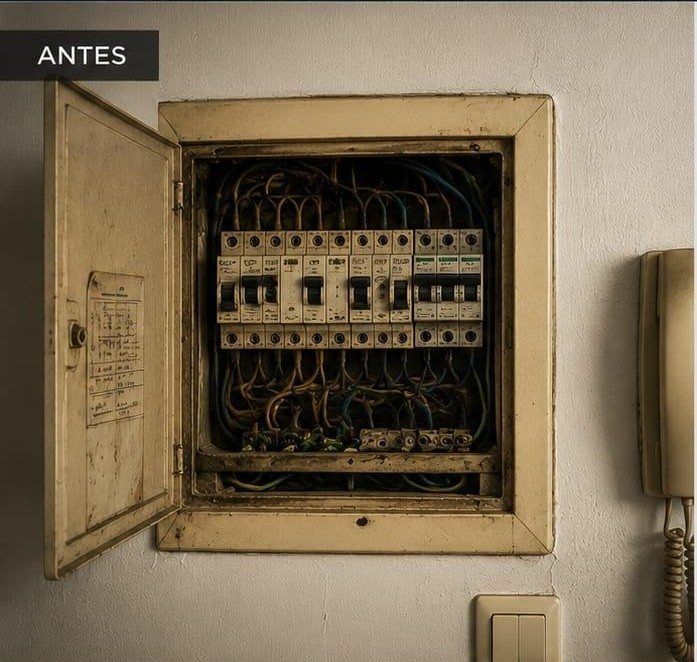 Cuadro eléctrico abierto en un armario de pared, con cables e interruptores a la vista.