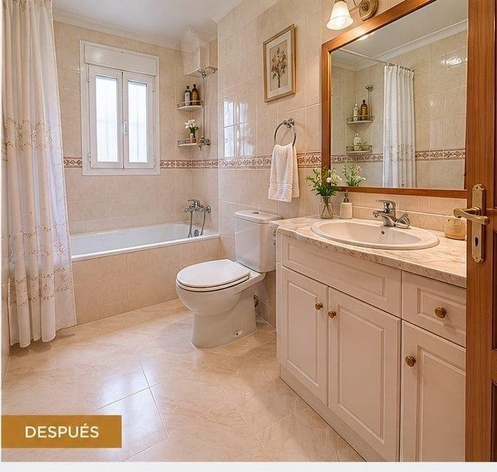 Baño luminoso en tonos beige con bañera, inodoro, lavabo con mueble y espejo grande; etiqueta «DESPUÉS» en una esquina