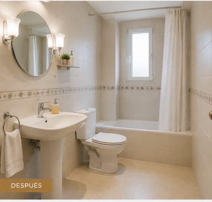 Baño de color beige claro con lavabo, inodoro, bañera, espejo redondo y cortina de ducha; etiqueta «DESPUÉS» en una esquina