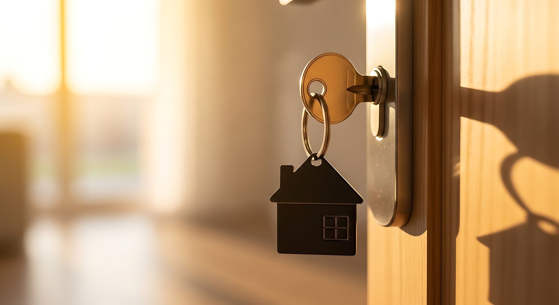 Petit porte-clés en forme de maison accroché à une serrure de porte.