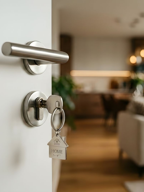 Porte d'entrée avec poignée argentée et clé dans la serrure, donnant sur un salon flou.