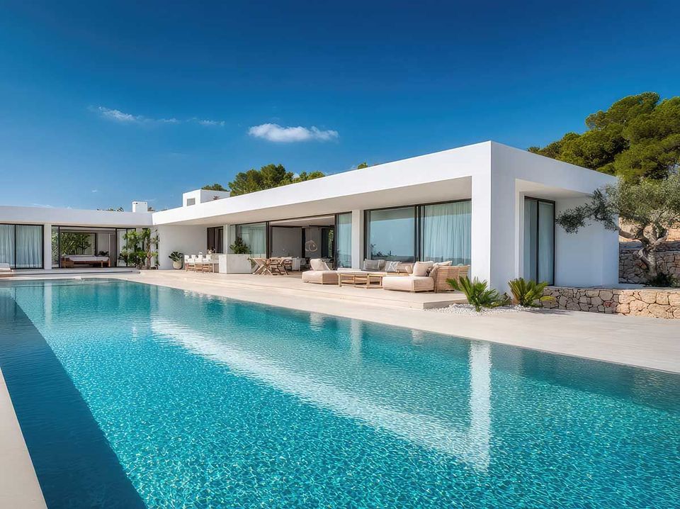 Moderna villa blanca con una larga piscina bajo un cielo azul.