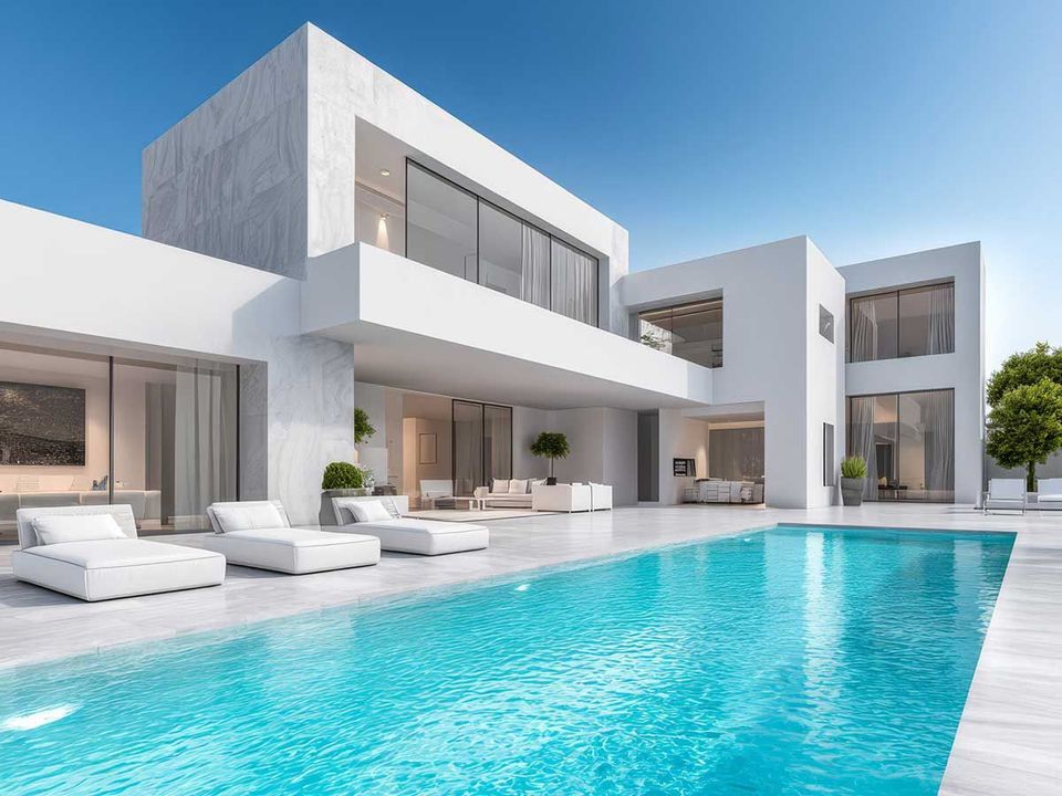 Moderna casa blanca con piscina y tumbonas en un día soleado.