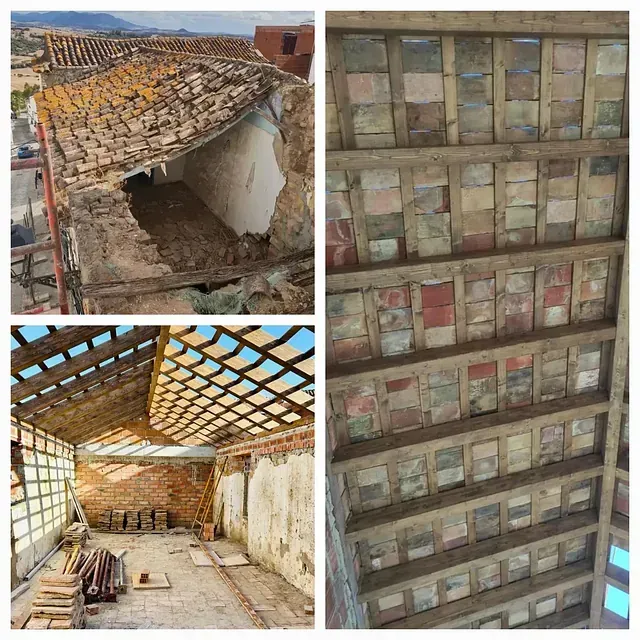 Un collage de tres fotografías de un edificio en construcción.