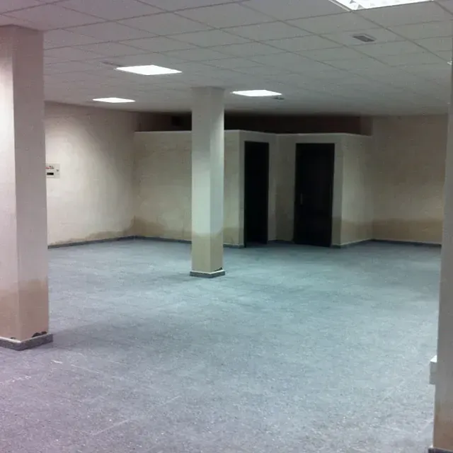 Una habitación vacía con columnas y una alfombra gris.