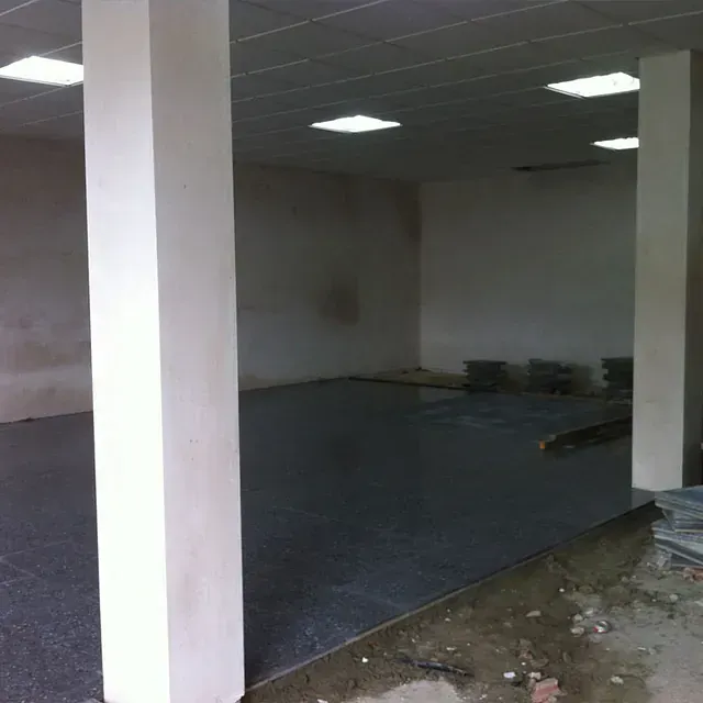 Una habitación vacía con columnas y suelo alfombrado.