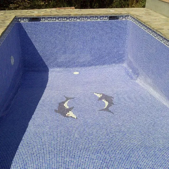 Una piscina con un mosaico de delfines en el suelo.