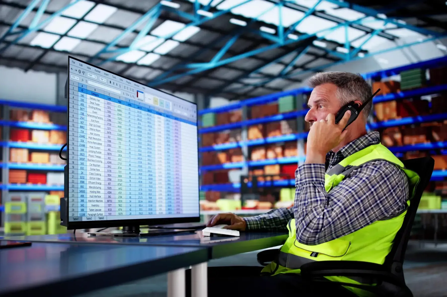 Hombre en un almacén, mirando una hoja de cálculo en un monitor mientras habla por auriculares. Lleva chaleco de seguridad.
