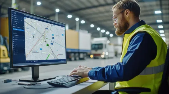 Trabajador de almacén usando computadora, monitoreando mapa en pantalla, usando chaleco de seguridad.