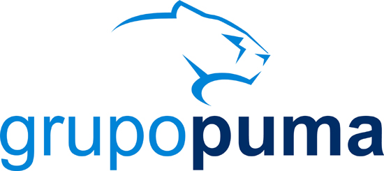 Cabeza de puma azul sobre el texto "grupopuma".