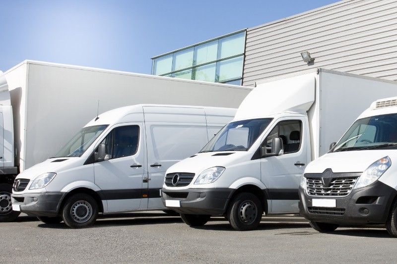 Furgonetas de reparto blancas estacionadas afuera de un edificio en un día soleado.