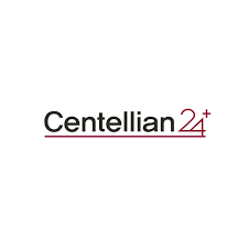 Logotipo de Centellian 24+ en texto negro y granate sobre fondo blanco.