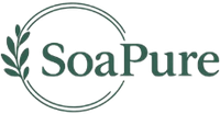 Logotipo de Soapure con diseño de hoja circular verde y texto con serifa sobre fondo blanco.