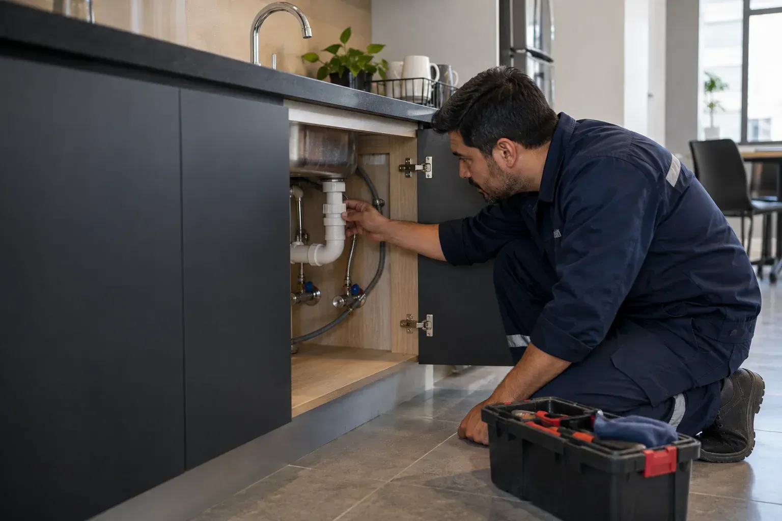 Gasfiter revisando una instalación sanitaria a domicilio en Huechuraba