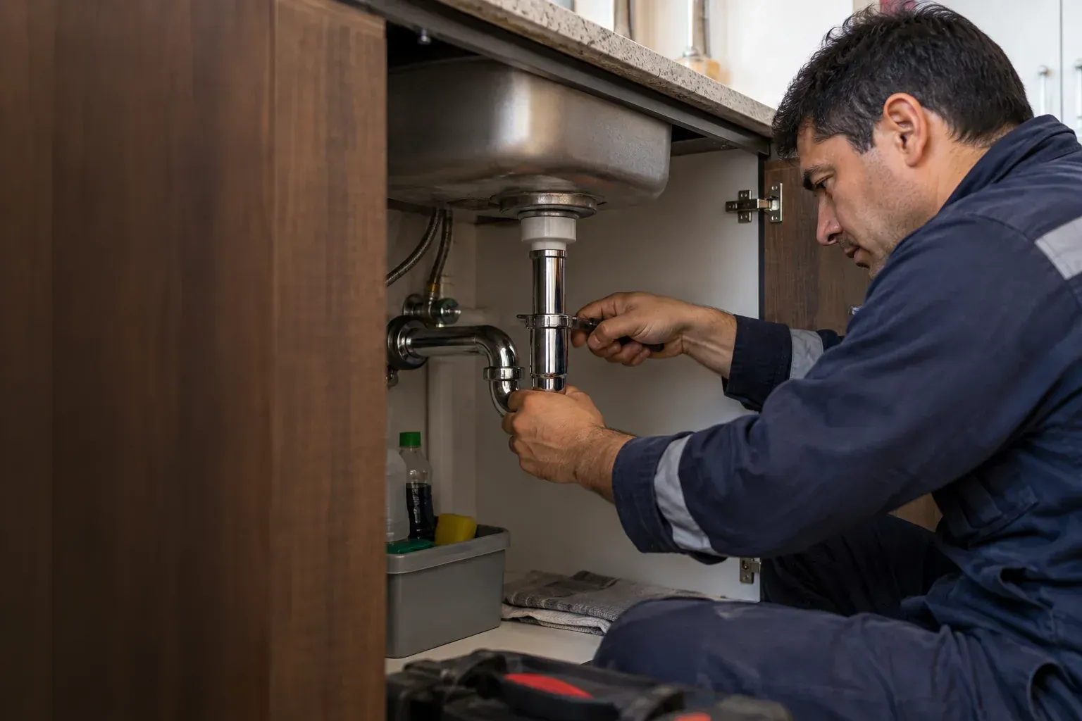 Gasfiter revisando una instalación sanitaria a domicilio en La Reina