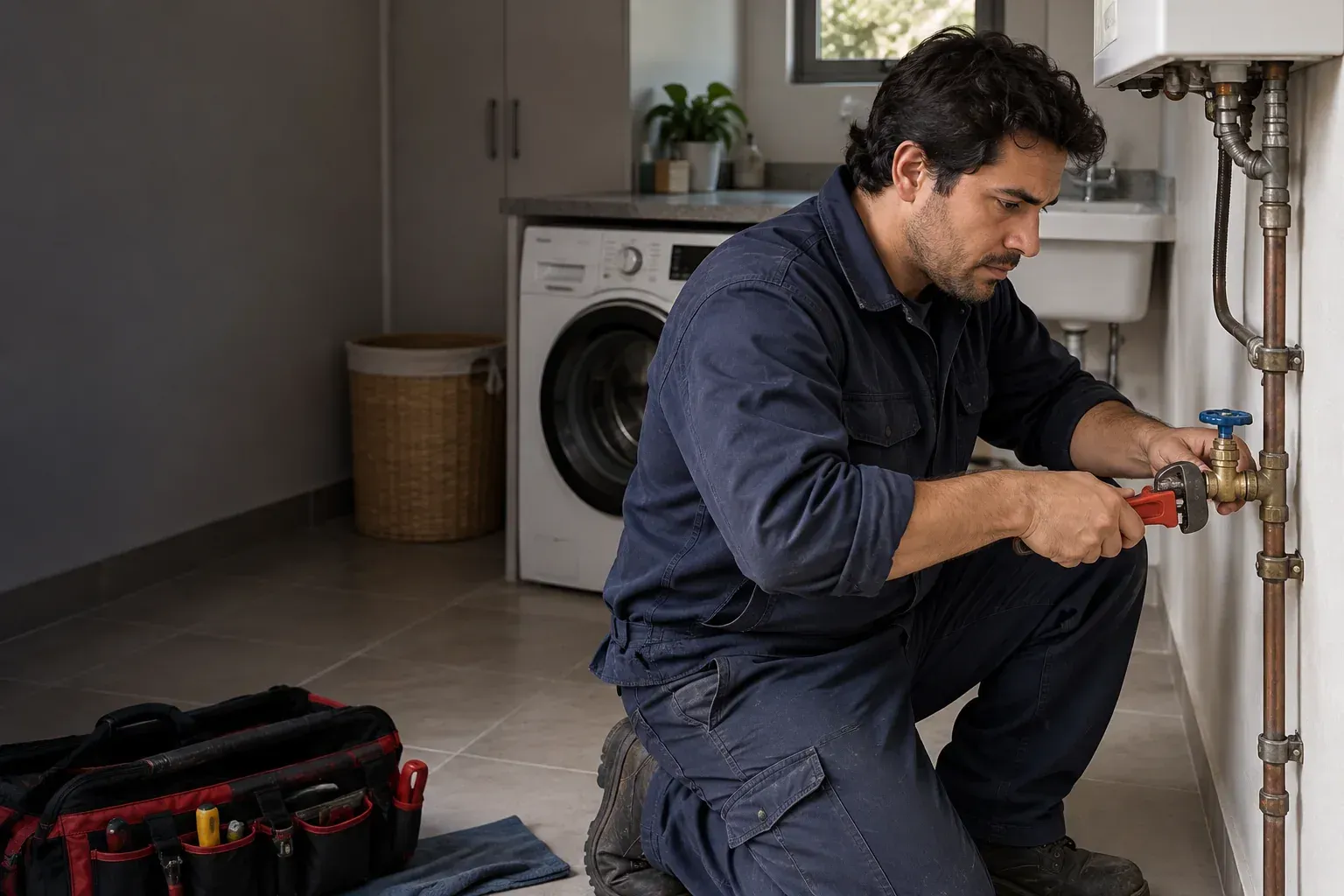 Gasfiter revisando una instalación sanitaria a domicilio en Lo Barnechea