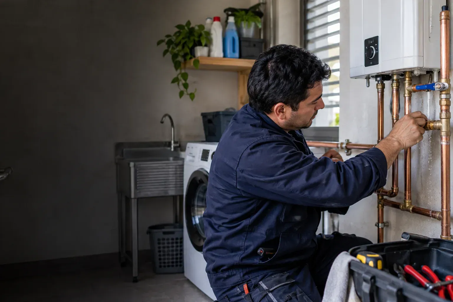 Gasfiter revisando conexiones de calefont en Peñalolén