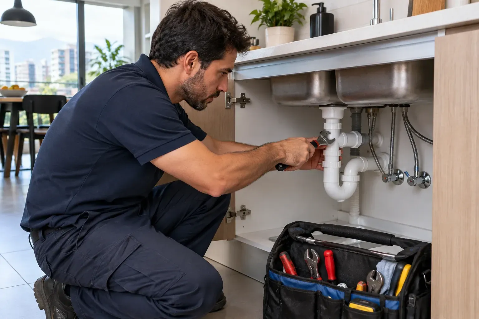 Gasfiter revisando una instalación sanitaria a domicilio en Providencia