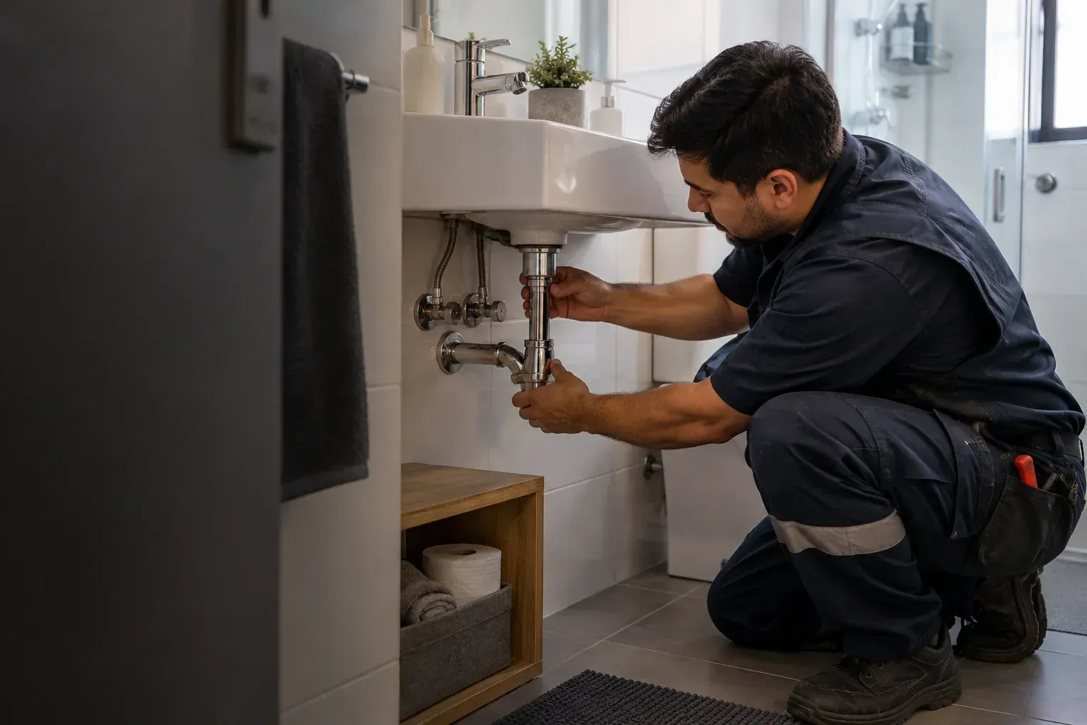 Gasfiter revisando una instalación sanitaria a domicilio en Santiago Centro