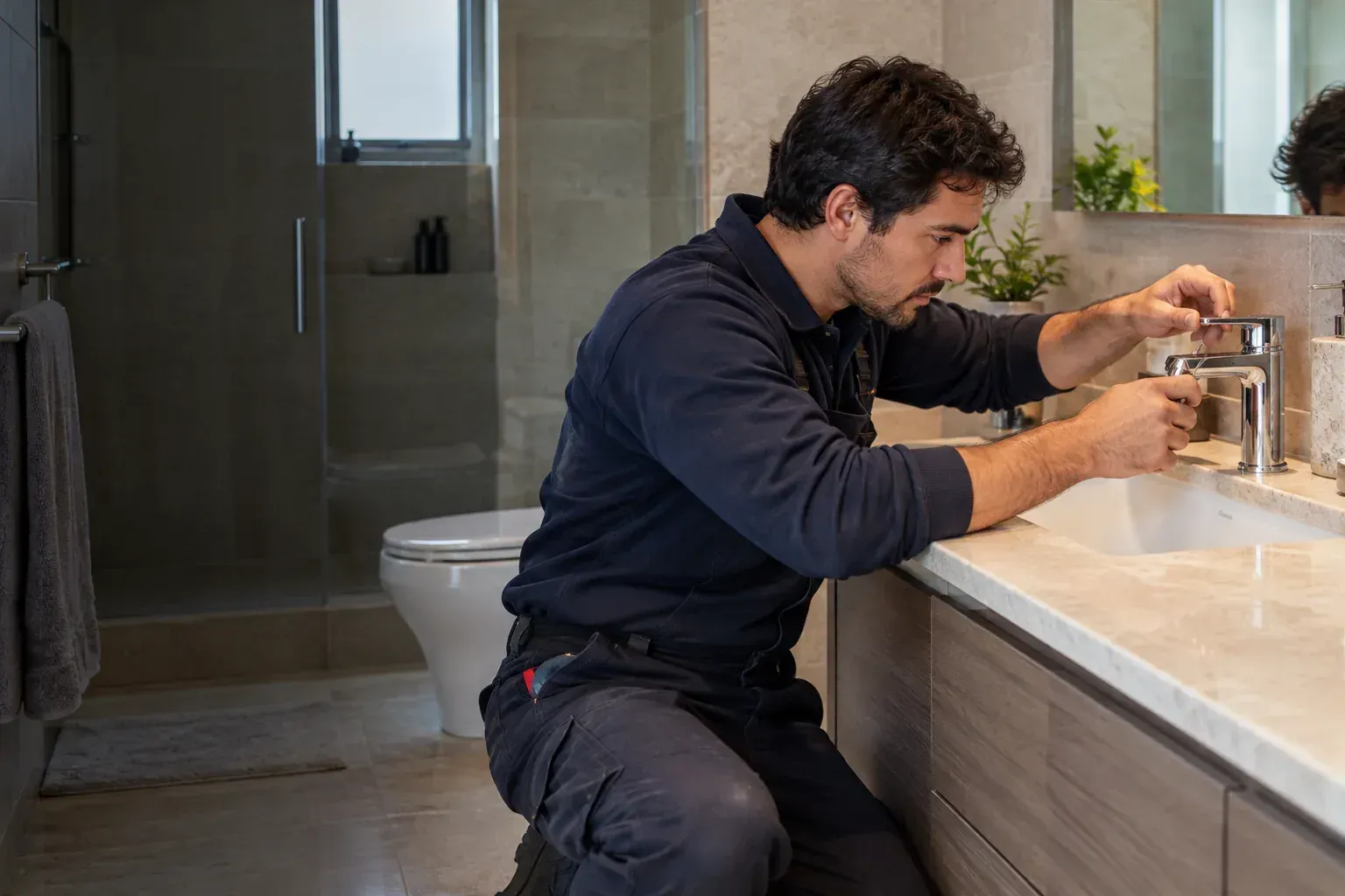 Gasfiter revisando una instalación sanitaria a domicilio en Vitacura