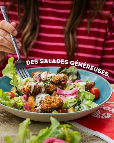 Salade colorée composée de légumes verts, de tomates et de poulet, servie dans un bol bleu, avec une fourchette à la main et un texte en français superposé.