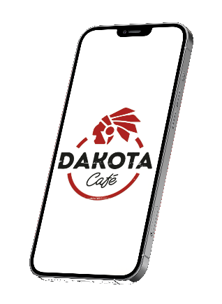 Maquette de téléphone avec le logo de Dakota Cafe sur un écran blanc