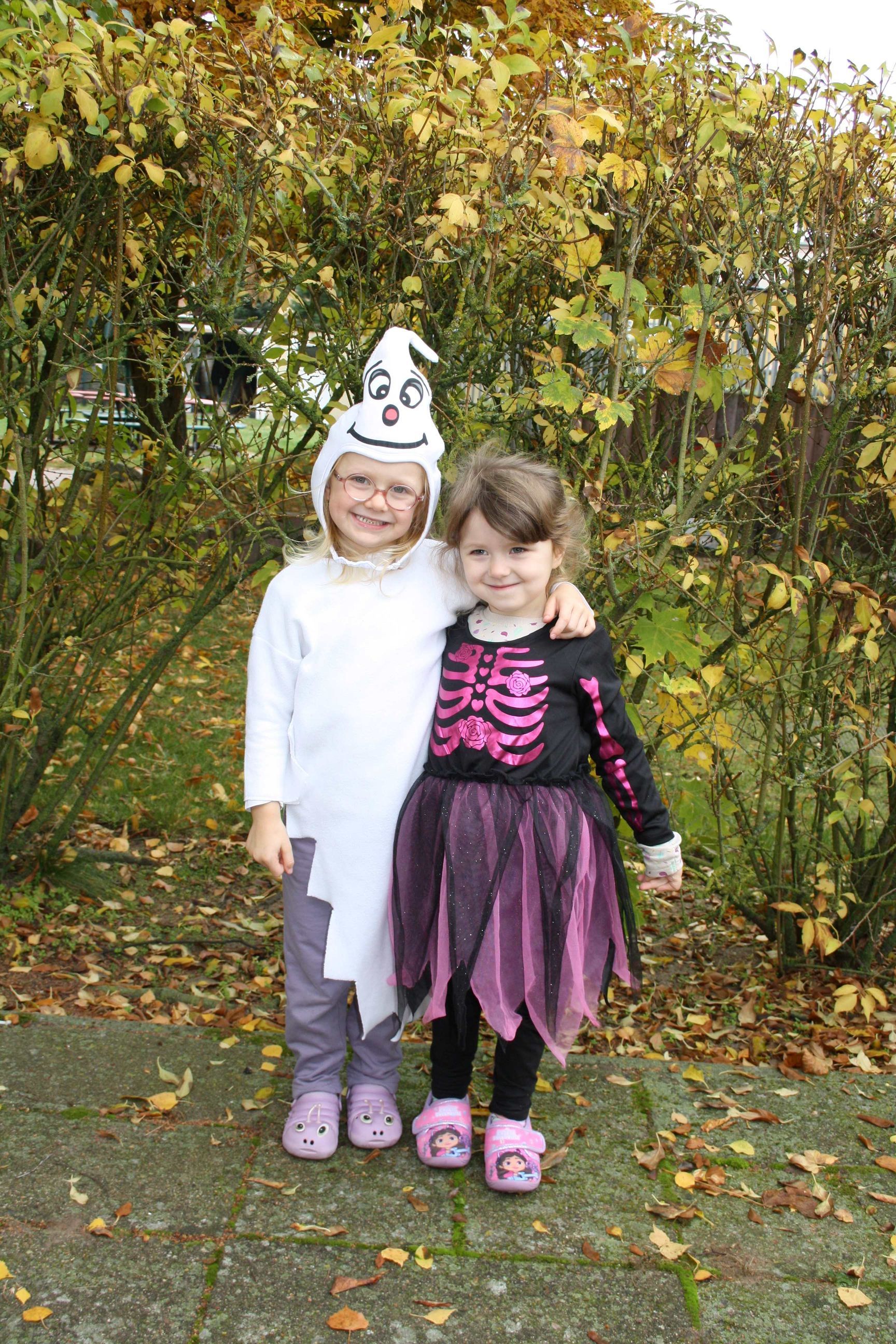 Two little girls in halloween costumes are posing for a picture.