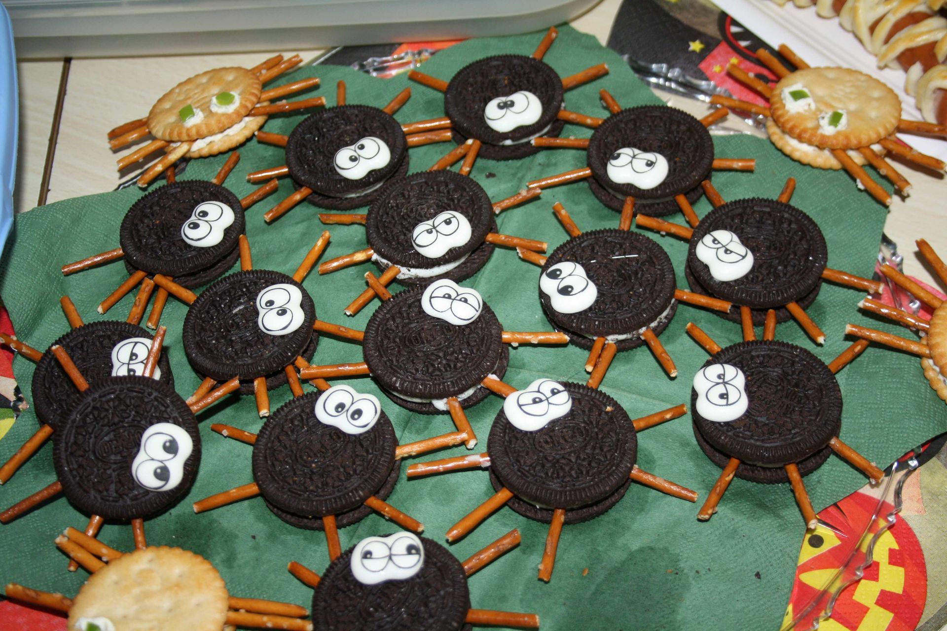 A spider made out of oreos and pretzels