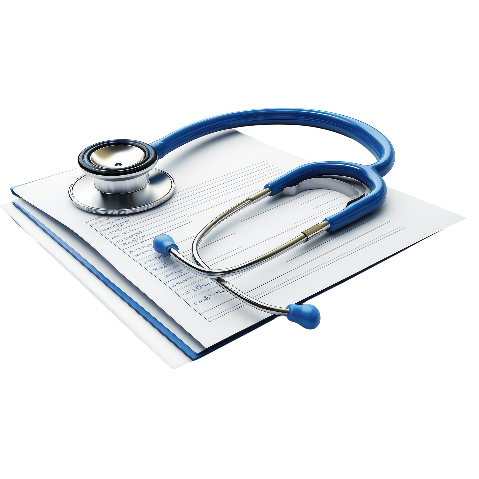 Un stéthoscope bleu posé sur une pile de formulaires médicaux.