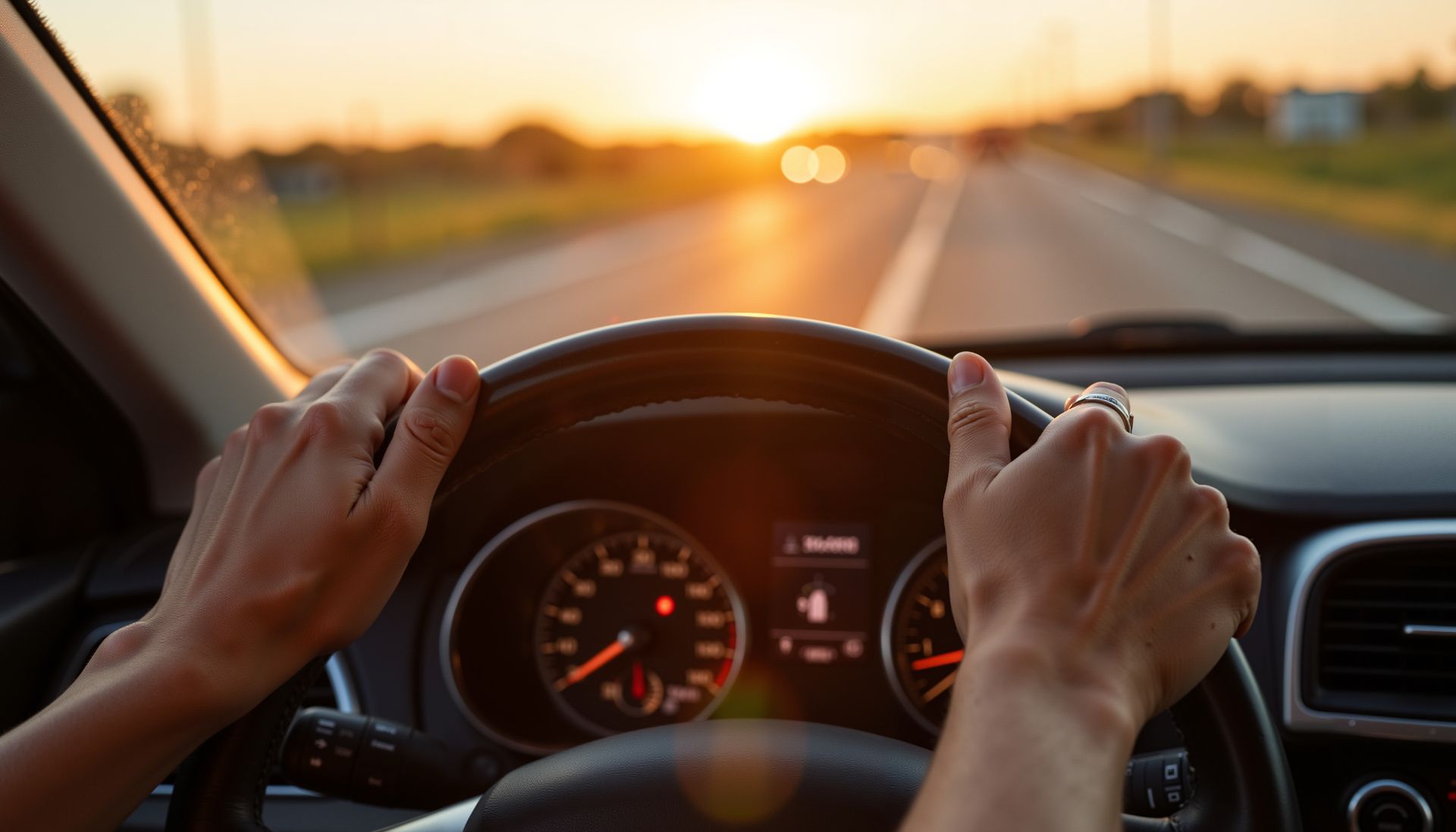 Les mains crispées sur le volant, roulant sur une route au coucher du soleil.