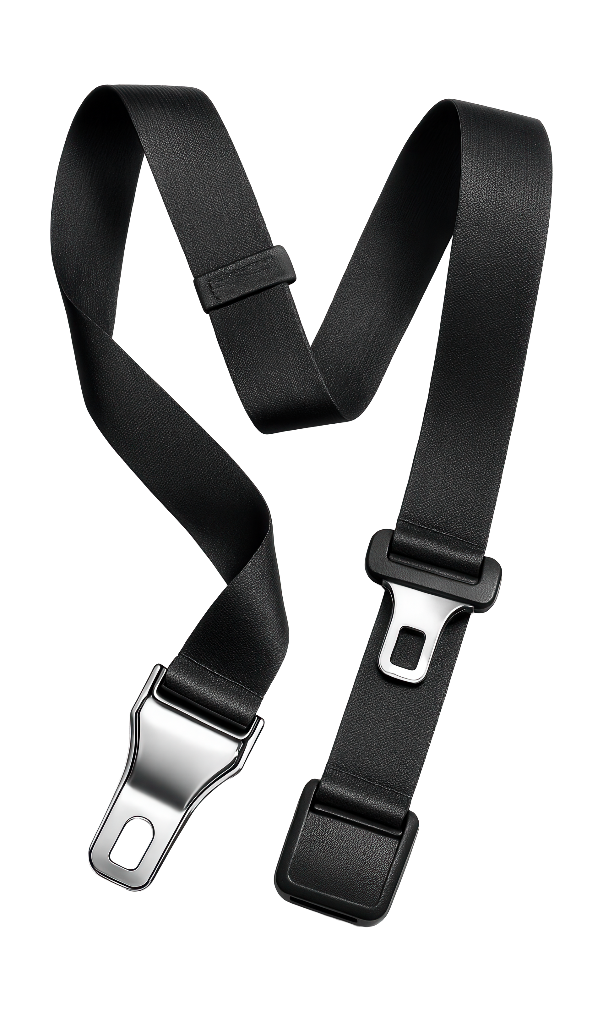 Ceinture de sécurité noire, à boucle, avec boucle argentée et réceptacle noir.