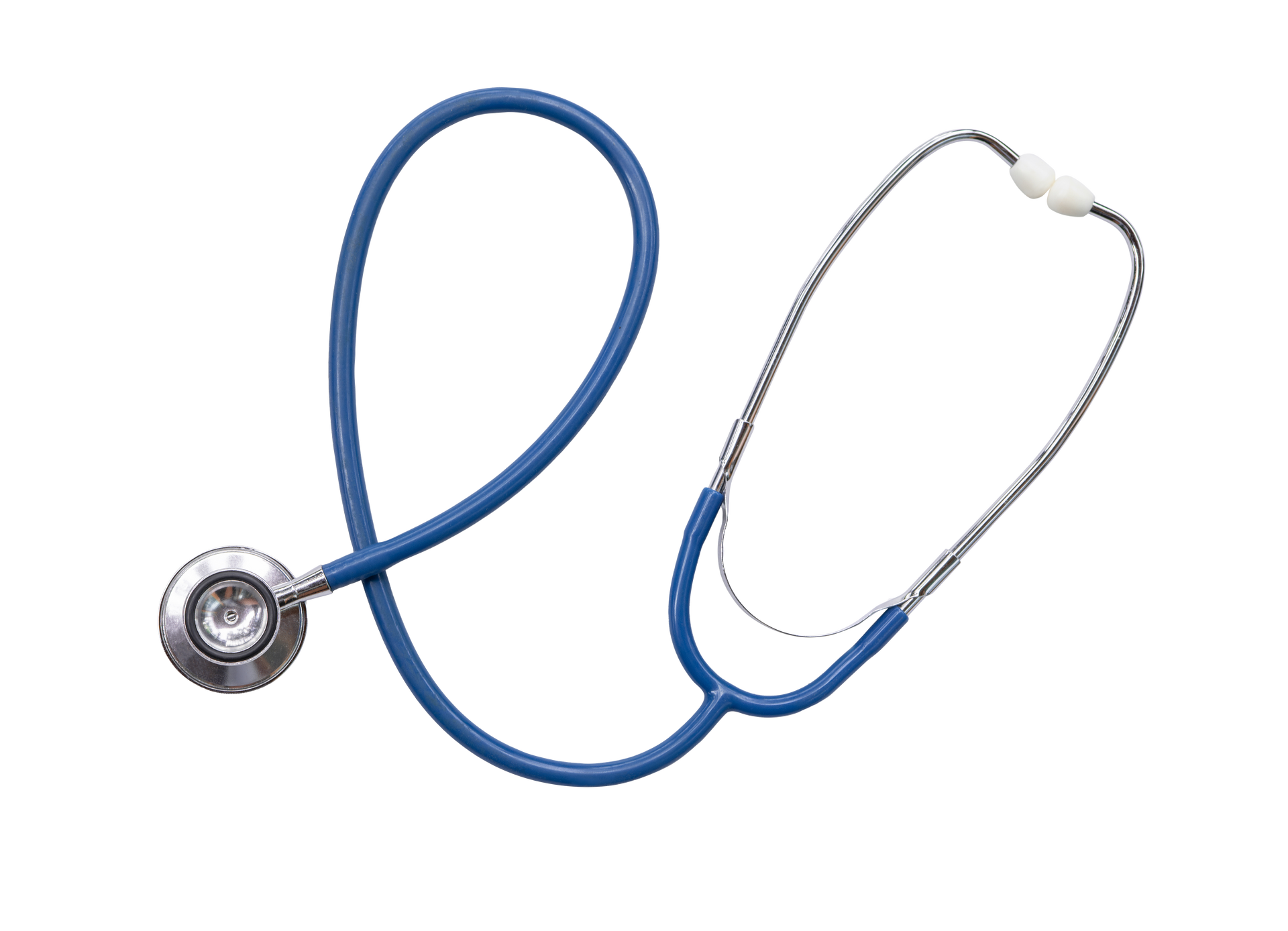 Stéthoscope bleu sur fond blanc.