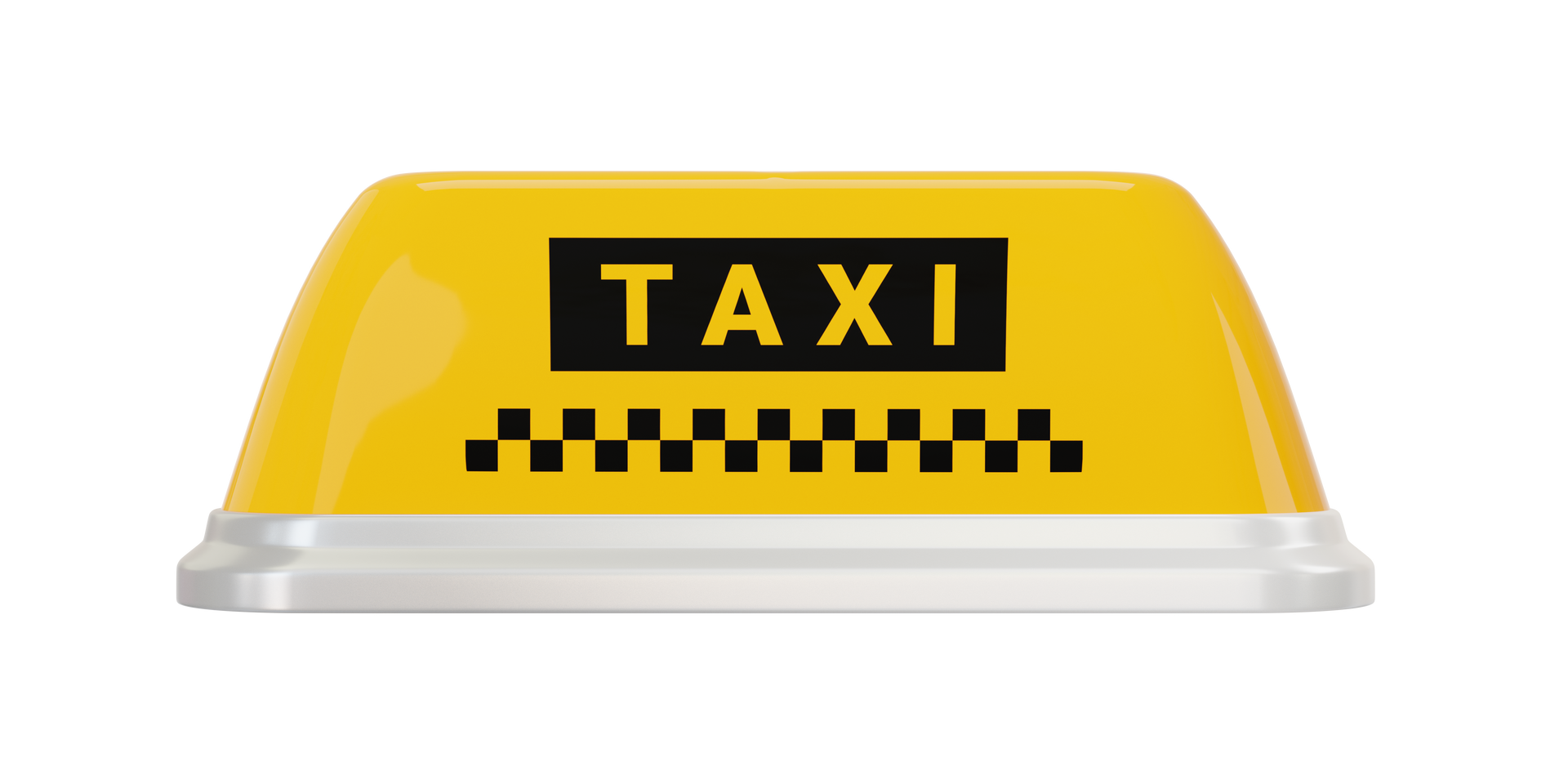Panneau jaune sur le toit d'un taxi avec le mot TAXI en noir et un motif à damier noir et blanc.