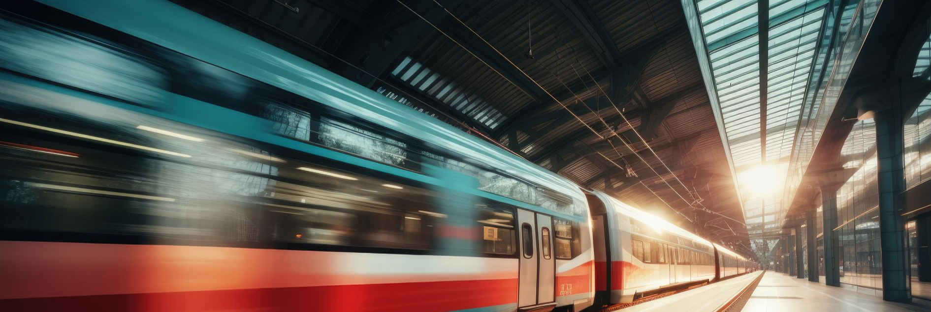 Un train à grande vitesse dans une gare aux couleurs rouge et bleue, avec un effet de flou.