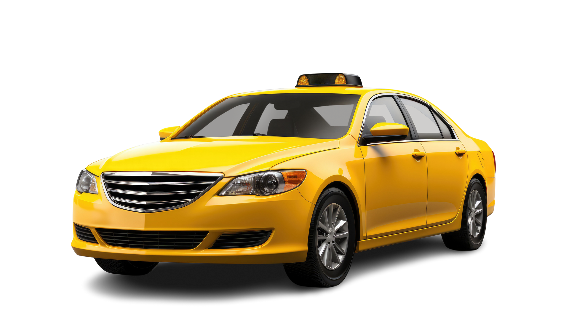 Taxi jaune, avec gyrophare allumé, sur fond blanc.