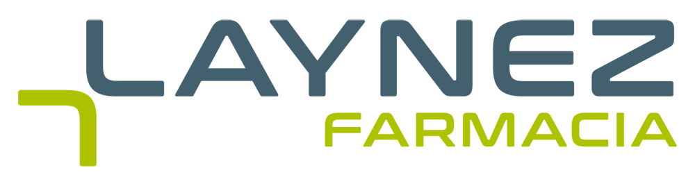 Logotipo para Laynez Farmacia, con texto gris oscuro y gráfico en acento verde.