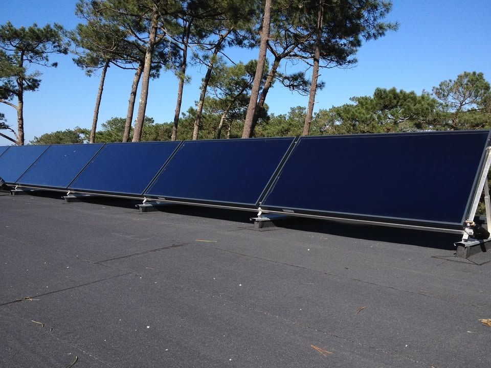 Panneaux solaires sur un toit plat incliné vers le soleil ; arbres en arrière-plan, ciel bleu.