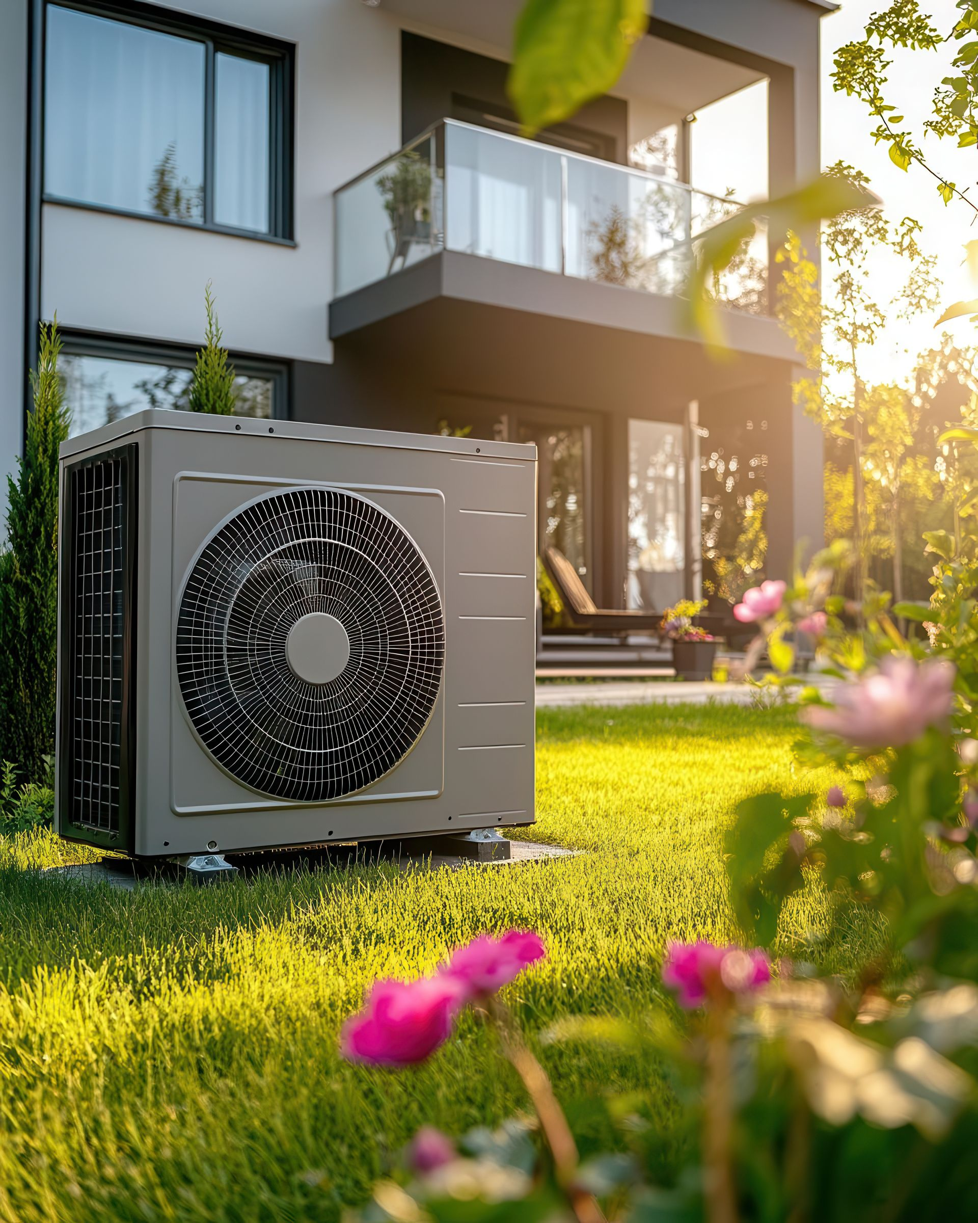 Unité de pompe à chaleur dans une cour ensoleillée devant une maison moderne, avec des fleurs au premier plan.