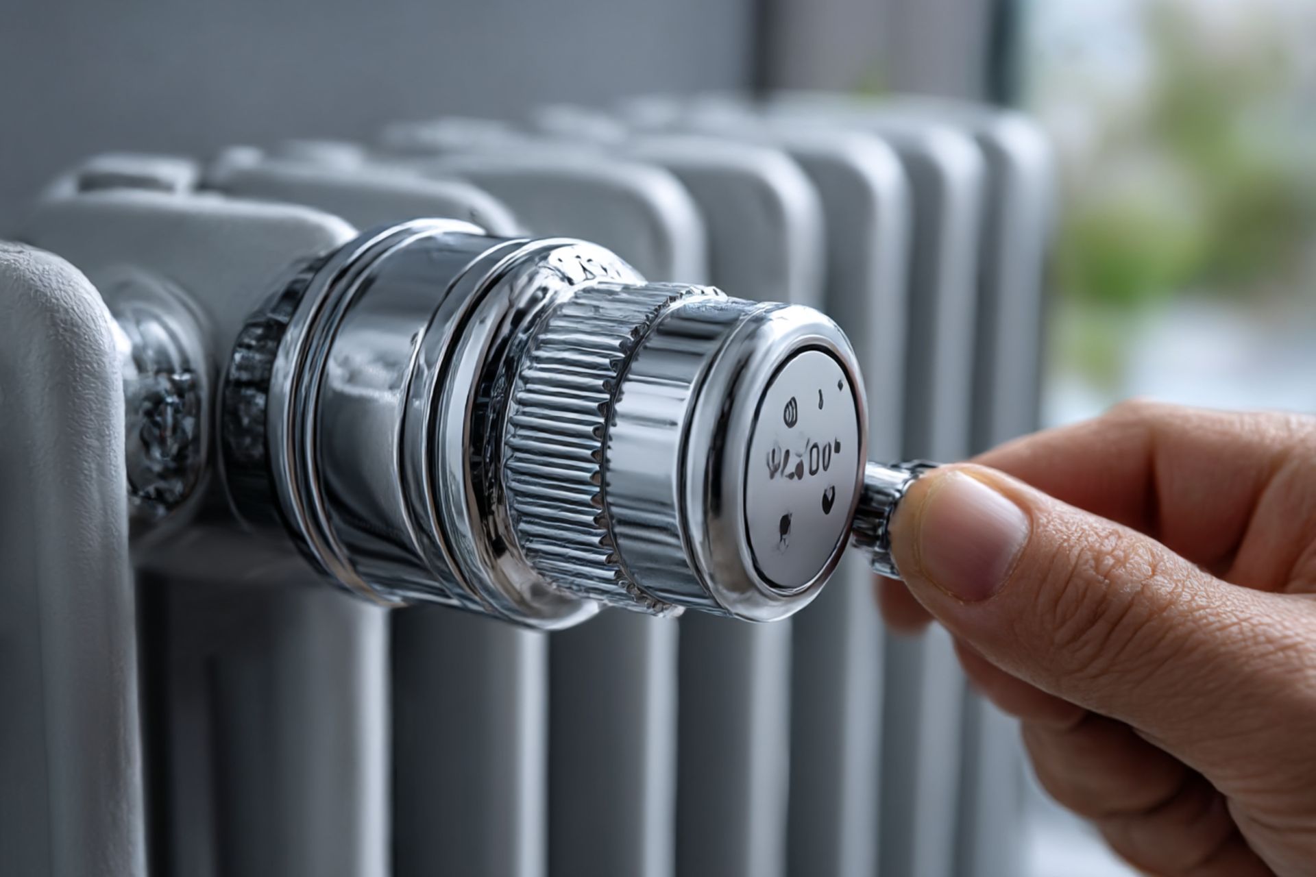 Manipulation manuelle d'un robinet de radiateur argenté et brillant.