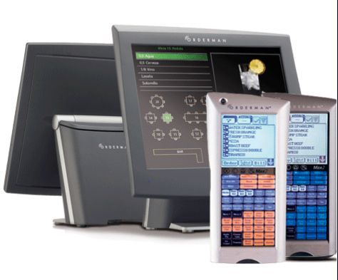 Terminales de punto de venta con pantalla táctil y dispositivos de pago portátiles surtidos en negro, plata y azul.