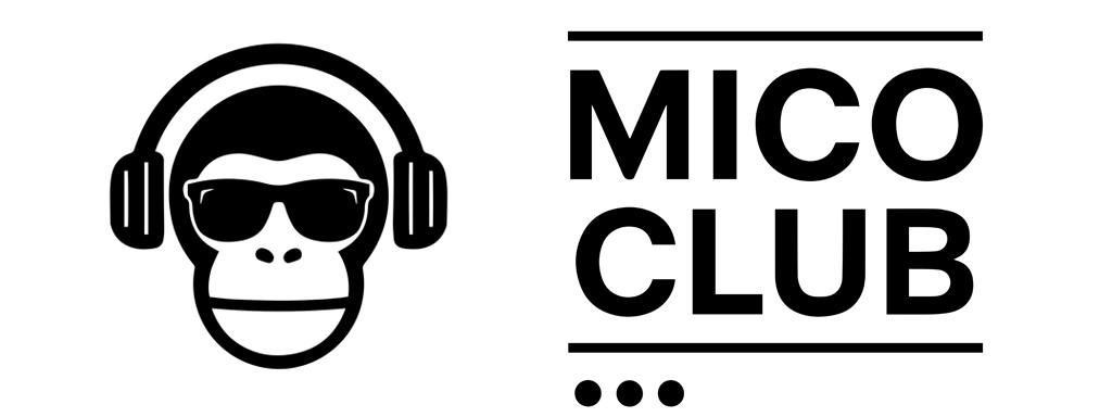 Logotipo de Mico Club en blanco y negro con la cara de un mono que lleva auriculares y texto en negrita.