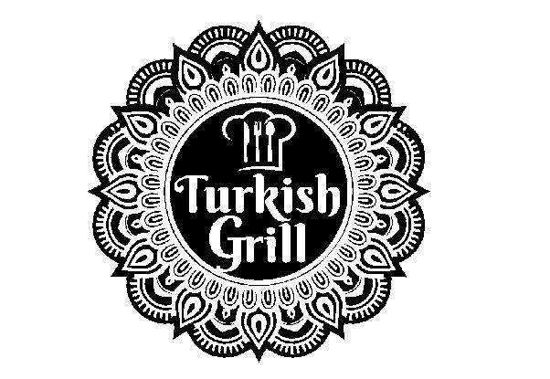 Logotipo de Turkish Grill en blanco y negro con borde circular ornamentado e icono de gorro de chef.
