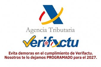 Agencia Tributaria y VeriFactu logos con texto: “Evita demoras... te dejamos programado para el 2027.”