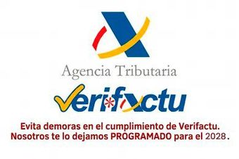 Agencia Tributaria y VeriFactu logos con texto: “Evita demoras... te dejamos programado para el 2027.”