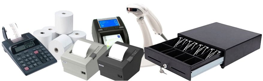 Impresoras térmicas de recibos y rollos de papel para recibos de varios tamaños sobre un fondo blanco.