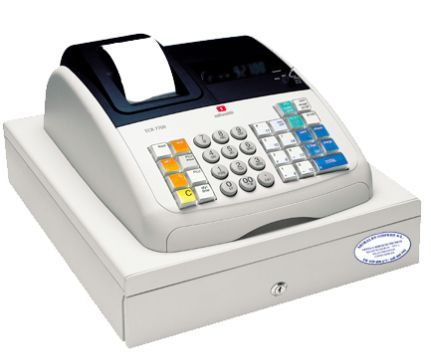 Caja registradora electrónica con teclado y impresora de recibos sobre una base blanca.