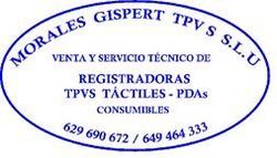 Logotipo ovalado blanco y azul de Morales Gispert TPV SLU con texto de ventas y servicios.