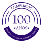 Logo circular morado y blanco: “Cumplimos 100 años”, “Gracias a nuestros proveedores y clientes”.