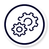 Dos engranajes delineados dentro de un borde circular, que representan ajustes o configuración.